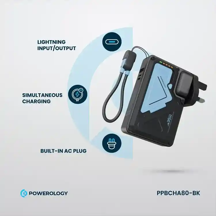 شارژر دیواری پاوربانک دار وایرلس پاورولوژی مدل PP080 10000 میلی‌آمپر 35 وات PPBCHA80